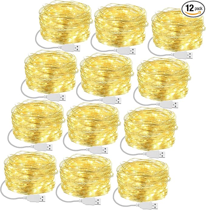 Macarrie 12 Pcs USB String Lights 33 ft 100 LED Fairy Lights Powered String for Christmas Indoor Outdoor Wedding Party Tree Home Festival Garden Decoration (Warm White)