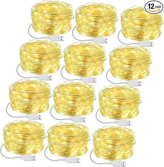 Macarrie 12 Pcs USB String Lights 33 ft 100 LED Fairy Lights Powered String for Christmas Indoor Outdoor Wedding Party Tree Home Festival Garden Decoration (Warm White)