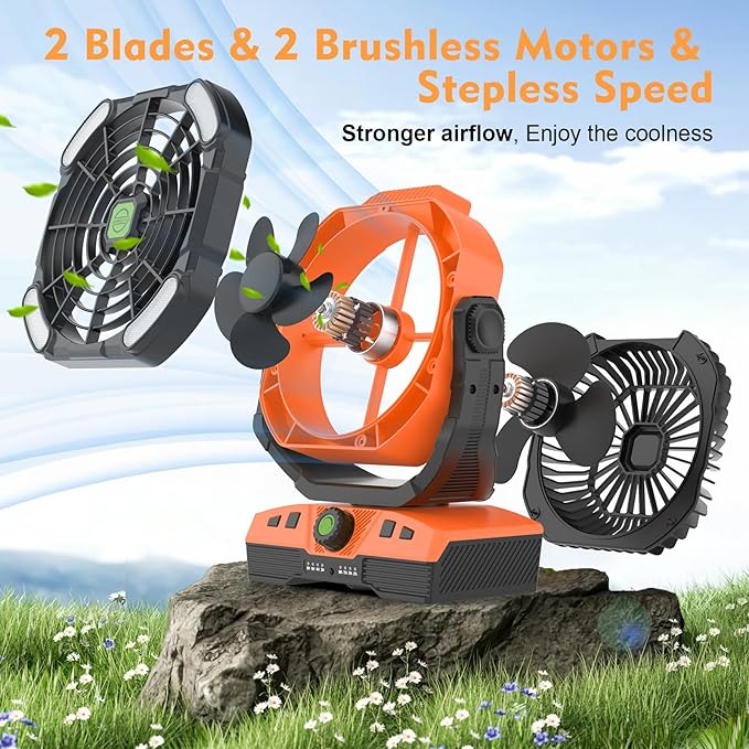 RUNTOP Oscillation Camping Fan with LED Lantern, 20000mAh Rechargeable Battery Operated Outdoor Tent Fan w/Hanging Hook, Remote Control, 4 Speeds, Personal USB Desk Fan for Camping, Jobsite (Orange)