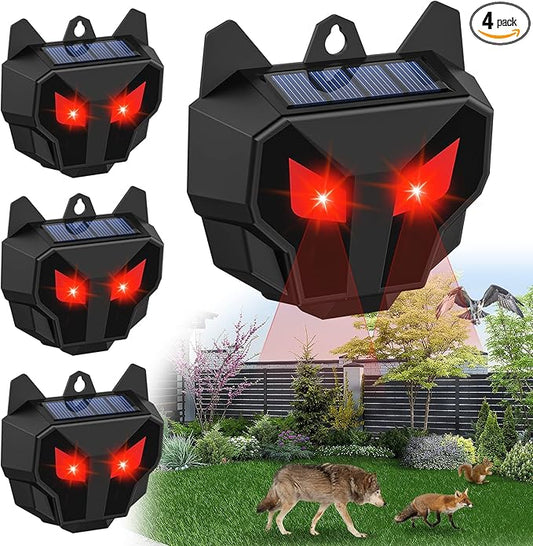 4 Pack Solar Deer Repellent Outdoor, Skunk Repellent for Yard, Squirrel Repeller Devices with Red Lights, Waterproof Wild Nocturnal Animals, Cat, Wolf, Hawk, Coyote, Fox, Raccoon, Snake, Rabbit