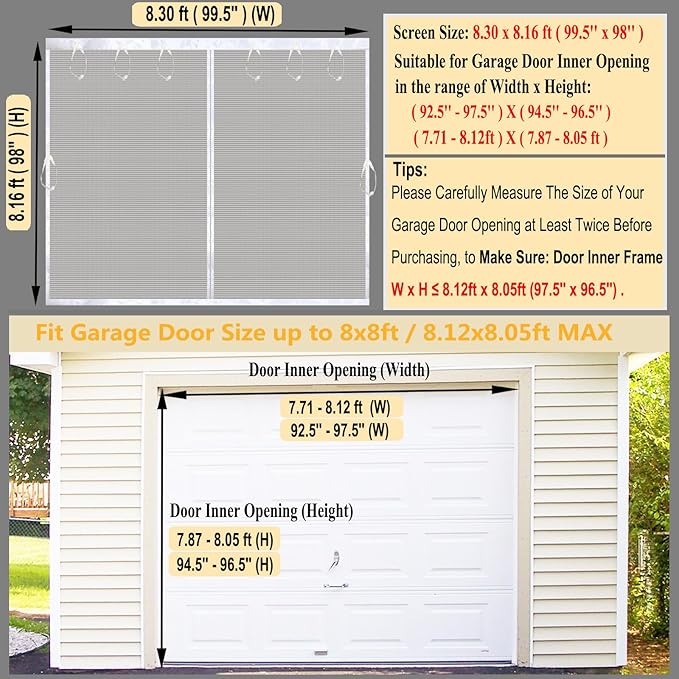 Garage Screen Door for 1 Car Garage 8x8ft White, Magnetic Door Screen 8x8 FT Garage/Patio/Porch/Balcony with Retractable Fiberglass Mesh & Heavy Duty Weighted Bottom, Hands Free, Easy Assembly