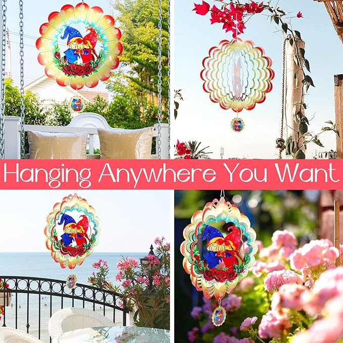 Gnome Wind Spinners Garden Yard Decor Gift for Women Men, 12 Inch Outdoor Metal 3D Wind Spinner, Stainless Steel Hanging Wind Catchers Kinetic Sculpture for Outside Decoration
