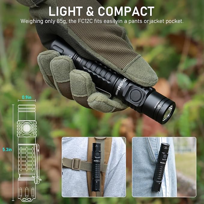 Wurkkos FC12C Tactical Flashlight 1600 High Lumens, USB-C Rechargeable LED Flashlights, 332M Long Throw Flash Light, IP68 Waterproof, Dual Switches and Constant Current Circuit for Home Camping Hiking