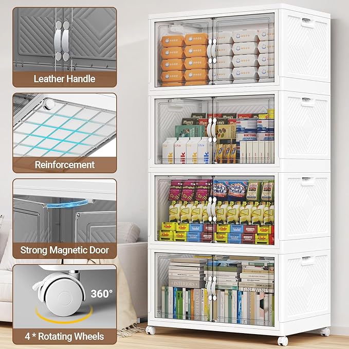 640QT Extra Large Stackable Storage Bins, 160Gal Clear Plastic Closet Organizer Cabinet with Lid and Wheels, Collapsible Latch Boxes Folding Drawer with Door for Home Kitchen, V20 4Pack White