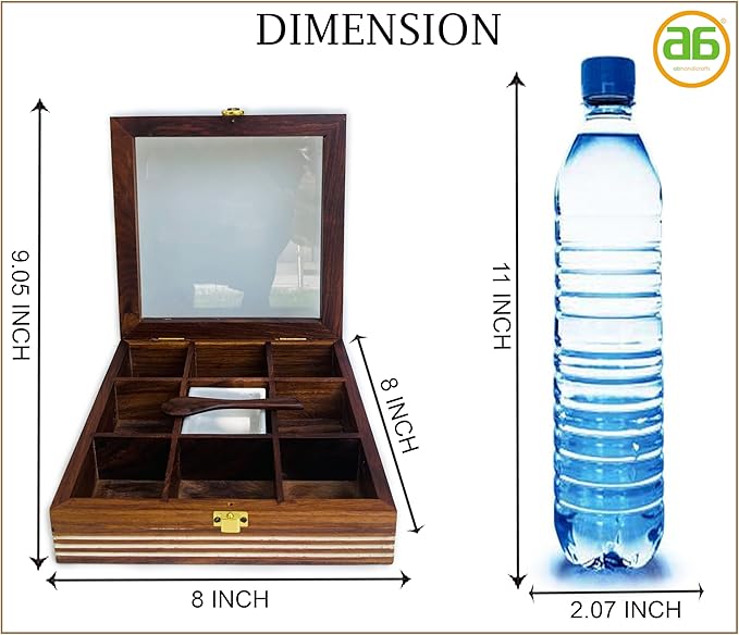 Wooden Spice Box with lid and Spoon - 9 spice compartments including with 1 removable Ceramic Container Good for Storing Salt - Tabletop Kitchen Spice Organizer for Masala and Herbs