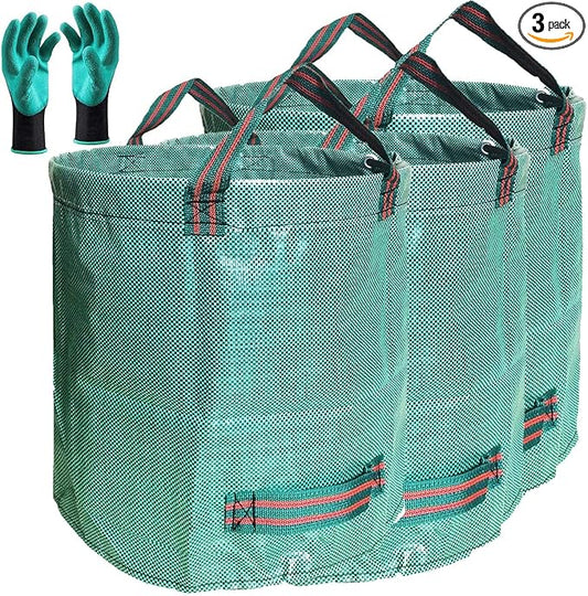 Standard 3-Pack 32 Gallons Yard Garden Bags (D18, H30 inches) with Gardening Gloves, Standable Reusable Leaf Bags,Plant Trimming Bag,Yard Waste Bags,Trash Container,Lawn Grass,Weeds Bag w/ 4 Handles