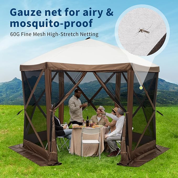 10x10FT Portable Gazebo Tent with Mosquito Netting - Instant Setup Canopy Shelter, 6 Sidewalls & Carry Bag, Stakes for Camping, Backyard, Lawn Events
