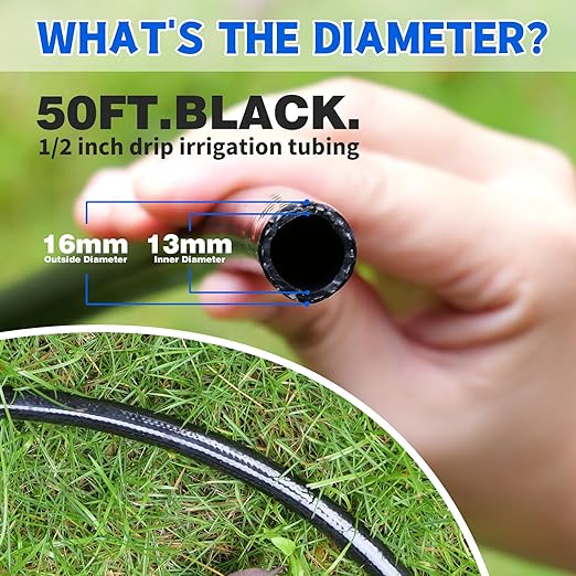 50 FT 1/2 Inch Drip Irrigation Tubing Main Drip Line Hose Tube for Garden Watering Landscape Irrigation System (Includes 2 Pack 6-Way Connector and 1/2" Straight Connector)