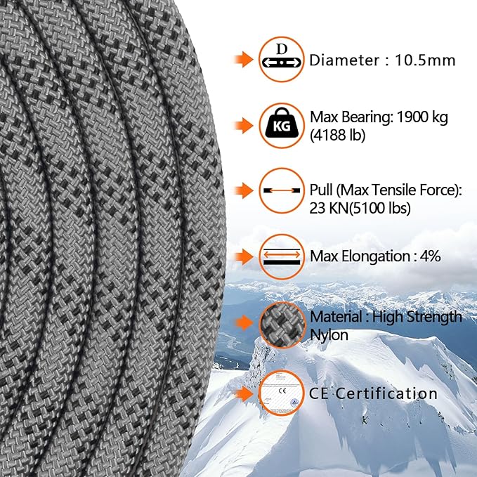 AOLEBA 10.5 mm Static Climbing Rope 10M(32ft) 20M(64ft) 30M(96ft) 50M(160ft) 70M(230ft) Outdoor Rock Climbing Rope, Escape Rope Ice Climbing Equipment Fire Rescue Parachute Rope