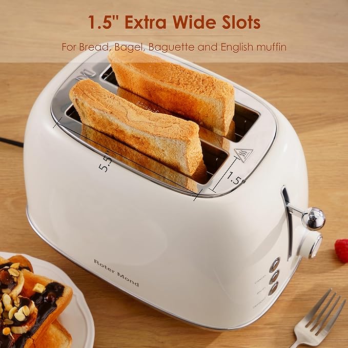 Roter Mond 2 Slice Toaster Retro Stainless Steel with Bagel, Cancel, and Defrost Functions, 6 Bread Shade Settings, Extra Wide Slots and Removable Crumb Tray, Cream