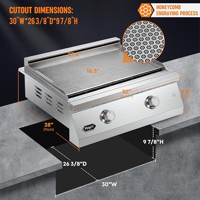 Hygrill 30-Inch Premium Built-In Natural Gas Griddle for Outdoor Kitchen, Durable 304 Stainless Steel 2-Burner Flat Top Grill with Lid and LED lights