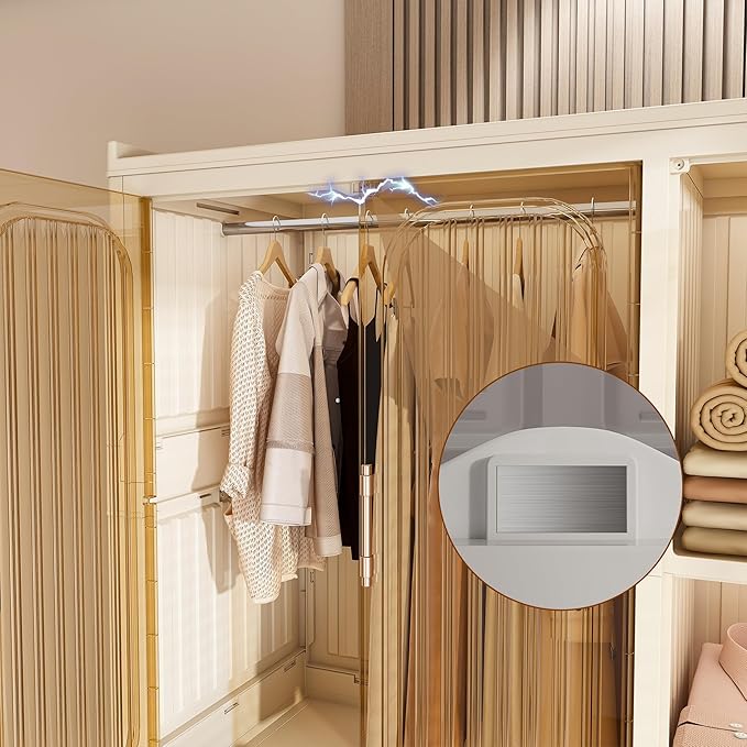 Portable Wardrobe Closet Storage Organizer, Plastic Collapsible Closet Organizer with Transparent Magnetic Door, for Bedroom Living Room,Easy Assemble,7 Cubes & 2 Hanging Rod