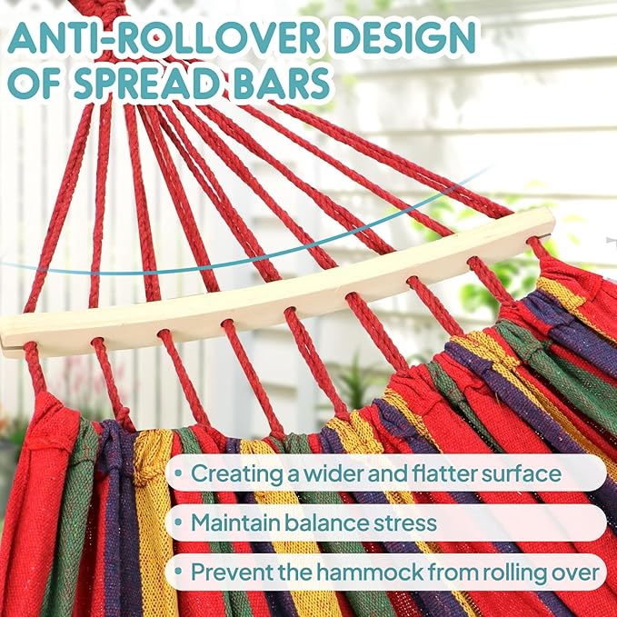 Anyoo Garden Cotton Hammock Comfortable Fabric Hammock with Spreader Bar Sturdy Hammocks Up to 450lbs Portable Lightweight Hammocks with Travel Bag for Camping Outdoor/Indoor Patio Backyard
