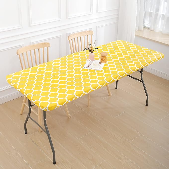 Smiry Rectangle Picnic Table Cover, Waterproof Elastic Fitted Camping Tablecloths for 6 Foot Tables, Wipeable Flannel Backed Vinyl Tablecloth Protector for Indoor, Outdoor (Yellow, 30x72 Inches)