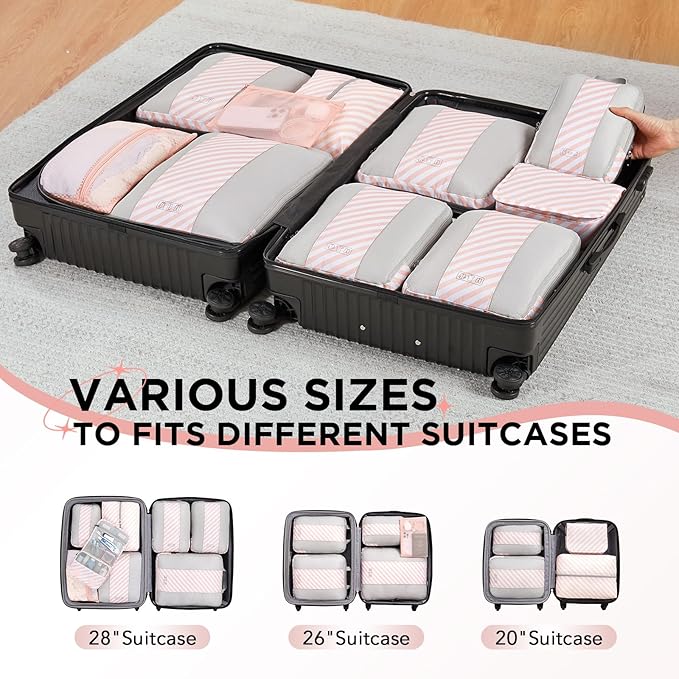 10 Set Compression Packing Cubes for Travel Essentials,Compressible Expandable Packing Cubes for Suitcase,OlarHike Luggage Organizer Bags for Travel,Handy Helper for Organizing Clothes(Pink Stripped)