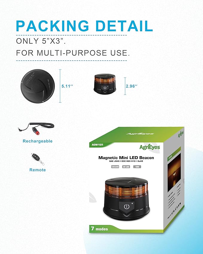 Agrieyes Remote Control Beacon Light, Rechargeable Wireless Flashing Lights, 12-30V Amber Strobe Lights for Golf Cart Magnetic, Safety Warning Caution Lights for Trucks, Construction