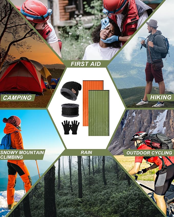 Tranqun Emergency Sleeping Bags Bulk with Winter Hat Gloves Scarf, Survival Sleeping Bag Bivy Sack Waterproof Lightweight Thermal Blanket Gear for Camping Hiking Outdoors Homeless