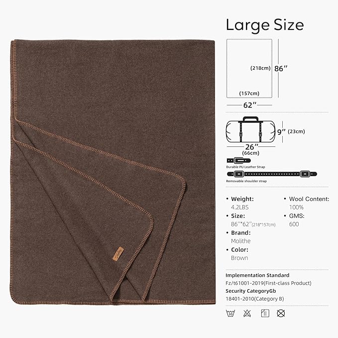 100% Wool Blanket, 62" x 86", Warm, Thick, Washable, Military Wool Blanket, Great for Camping, Outdoors, Sporting Events, Survival Kits, Brown