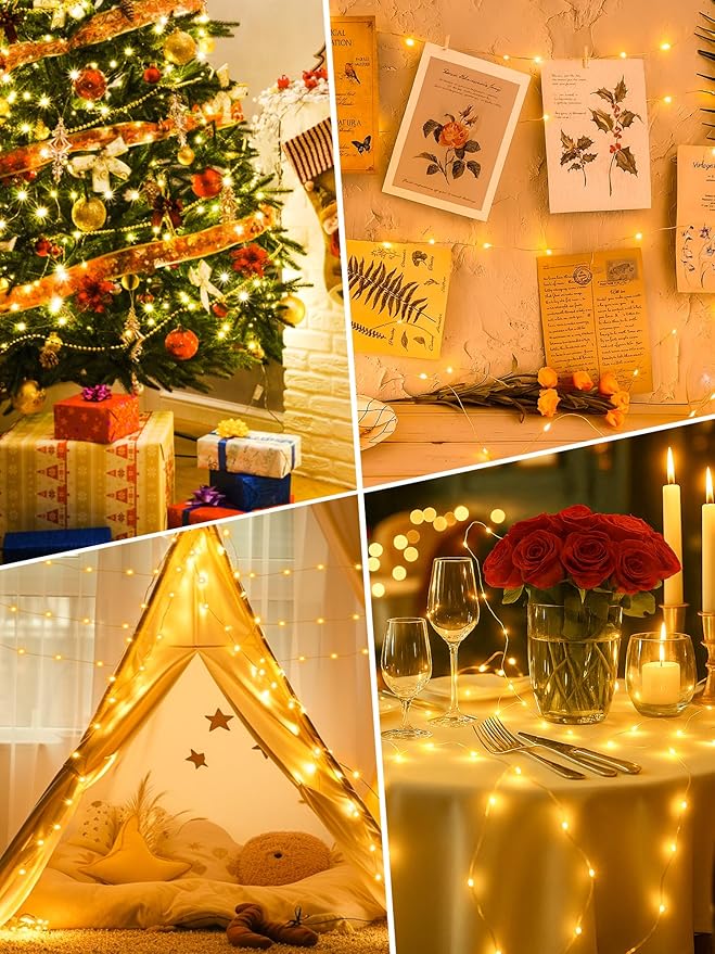 btfarm 4 Pack Fairy Lights Battery Operated with Timer, 16.4 FT 50 LED Twinkle String Lights 8 Modes Dimmable Waterproof Silver Wire for Indoor Bedroom Christmas Party Wedding Decorations, Warm White