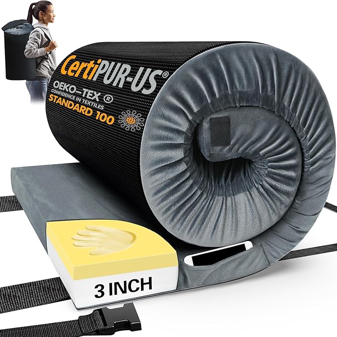 CYMULA CertiPUR-US Memory Foam Camping Mattress Pad, Portable Foam Sleeping Pad for Camping, Roll up Sleeping Mat for Adults Guest Floor Bed for Sleepover, Car, Tent SUV Cot Mattress