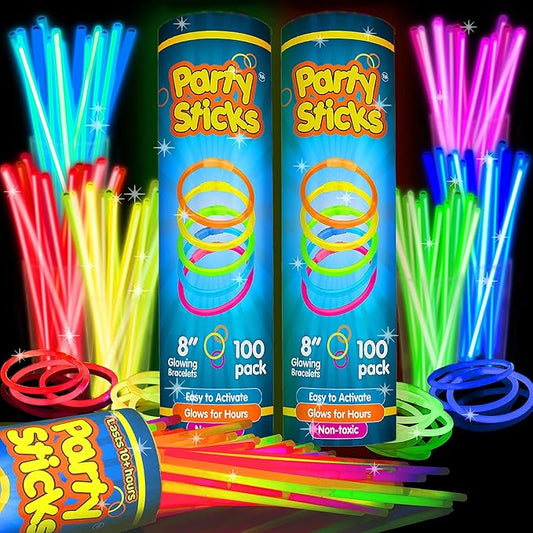 PartySticks Glow Sticks Party Supplies 200pk - 8 Inch Glow in the Dark Light Up Sticks Party Favors, Decorations, Neon Party Necklaces and Bracelets with Connectors