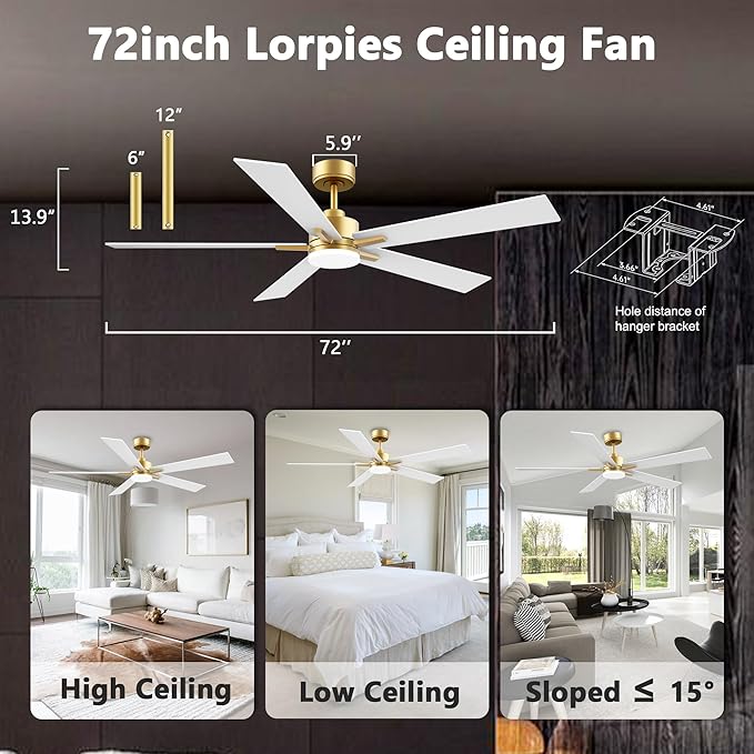 72" Large Smart Ceiling Fan with Lights Remote,Silent DC Motor,Control via Voice Alexa Google App,Outdoor Indoor Gold White Ceiling Fans for Large Modern Living Room Patio,Dimmable,5 Blades in Black