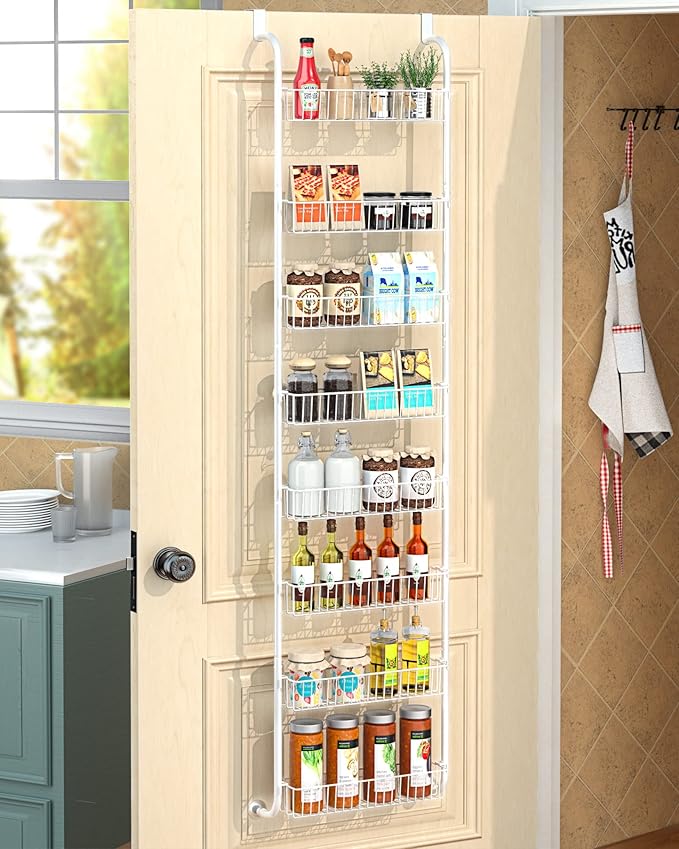 TIMEBAL 8 Tier Over the Door Pantry Organizer, and Storage Rack with 8 Full Baskets, Metal Hanging & Wall Mounted Kitchen Storage Spice Rack, Bathroom Over Door Organizer-White