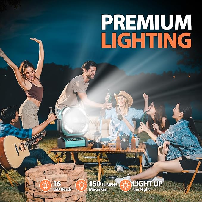 MORECORE 20000mAh Rechargeable Camping Fan with Light, 112HRS Running, 8-Speed, Auto Oscillating, Timer, LED Digital Display, 270°Pivot with Hook for Tent RV Emergency Garage-Blue