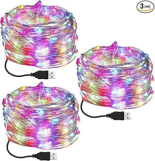 Macarrie 3 Pcs Fairy Lights USB Powered 16 ft 50 LED String Lights Plug in for Xmas Indoor Outdoor Party Wedding Home Festival Tree Garden Decoration (Multicolor)