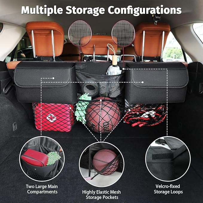 Deluxe Trunk Organizer for Car Small SUV, Backseat Hanging Trunk Organizer, Waterproof Collapsible Car Storage Bag with 6 Pockets, Reinforced No-Sag Design