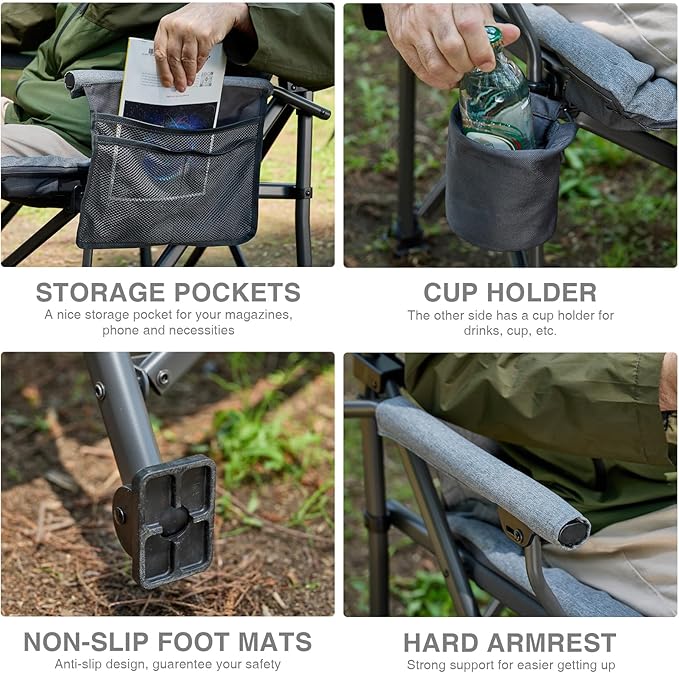 EVER ADVANCED Oversized Folding Camping Chair for Adults, Heavy Duty Lawn Chair with Side Pockets, Portable Collapsible Quad Chair for Outside, Support Up to 500lbs