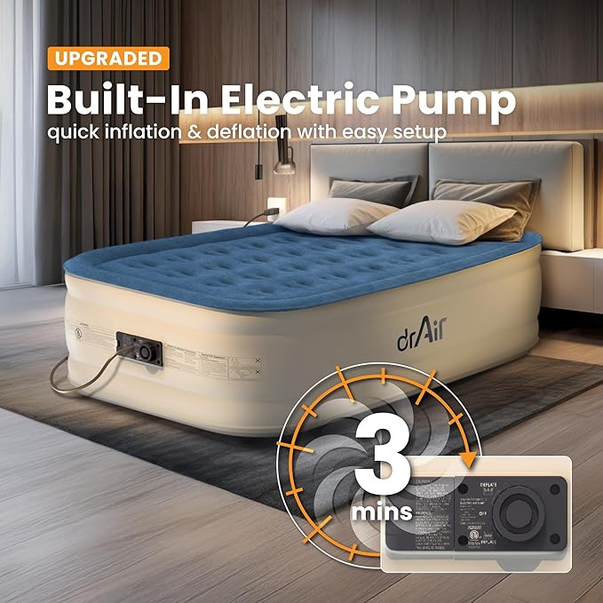 Full Air Mattress, 18” Raised Inflatable Bed with Built-in Pump, Waterproof Velvety Top, Ergonomic Design, Reinforced Support, and Carry Bag for Home, Camping, and Guests
