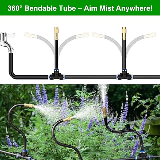 60Ft Drip Irrigation System for Garden – 360° Bendable Automatic Watering Kit with 18 Adjustable Nozzles, Misting Hose for Greenhouse, Lawn, Yard & Plants (60 FT)