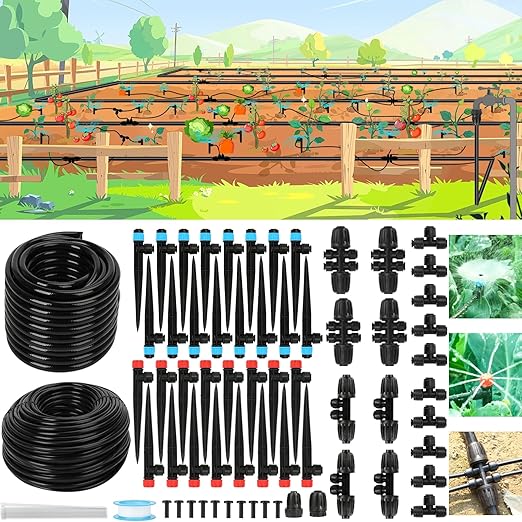Drip Irrigation System – 2025 Upgraded Garden Watering System with 46FT 1/2'' Tubing, New Quick-Connect 1/4 inch Fittings Automatic Sprinkler for Garden Lawn Greenhouse Plant Flower Bed