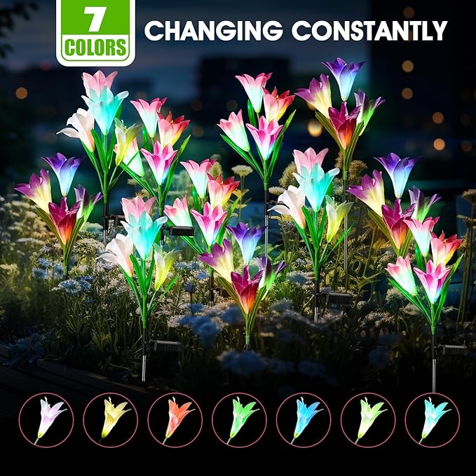 4 Pack Solar Garden Lights Outdoor, 7 Color Changing LED Powered Waterproof Lily Flowers Landscape Lights for Outside Yard, Patio, Pathway Decorative, Décor, Gifts