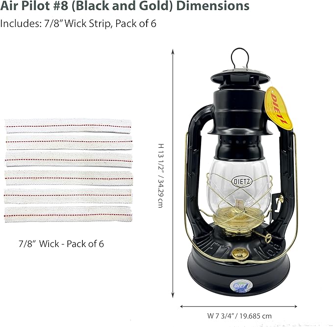 Light of Mine - Dietz #08 Air Pilot Black with Gold Trim Oil Lantern with 7/8" Replacement Wick Strips (Black with Gold Trim)
