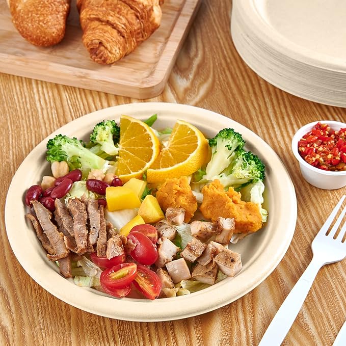 Vplus 150 Pack Paper Plates 9 inch 100% Compostable, Heavy-Duty Disposable Paper Plates Bagasse Natural Biodegradable Eco-Friendly Sugarcane