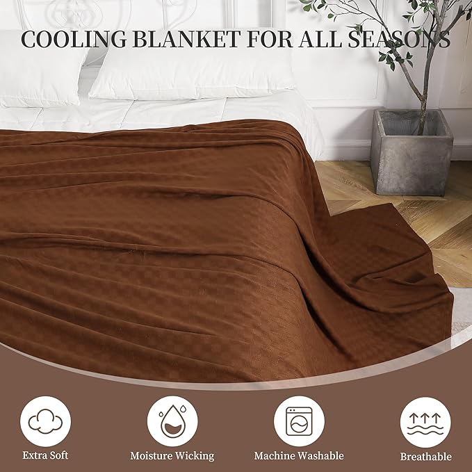 AmyHomie Cooling Blanket Queen Size, 100% Rayon Derived from Bamboo, Cool Summer Blanket for Hot Sleepers Soft Comfy Lightweight Checkered Blankets for All Seasons(Mocha, 90”x90”)