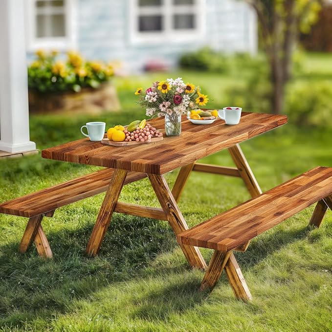 JAWO Picnic Table Covers with Bench Covers Wooden Pattern Camping Tablecloth Fitted Picnic Table Cover with Elastic Windproof Waterproof Fabric, Camping Accessories Patio & Outdoor