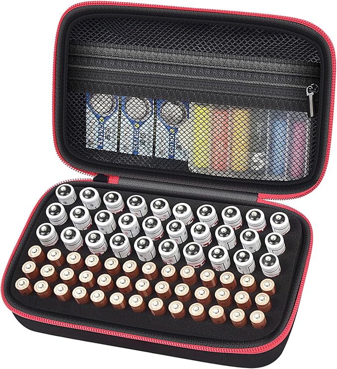 Battery Organizer Storage Holder Case Box for 69+ Batteries AA AAA C Cell 9V 3V Lithium - No Tester Included (Red)