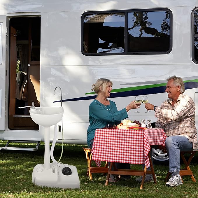 Outvita Portable Camping Sink w/ 19L Water Tank Rolling Wheels Towel Holder Soap Dispenser Faucet, Outdoor Foot Pump Washing Station for RV Boat Travel Picnic Worksit