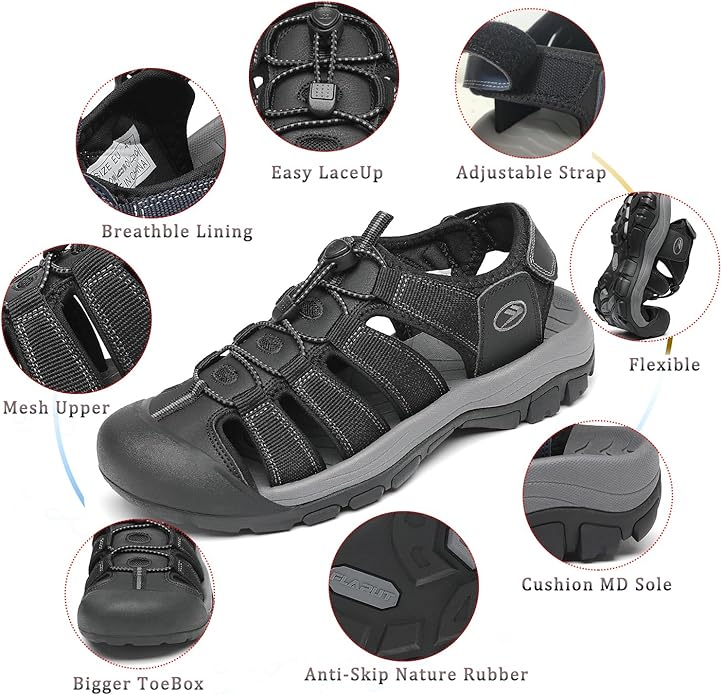 FLARUT Men's Athletic Sandals - Closed Toe Sport Hiking & Outdoor Walking Water Sandals with Anti-Slip Cushioning and Breathable Mesh