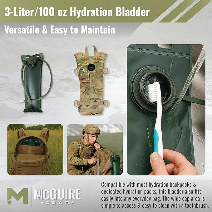 M MCGUIRE GEAR Hydration Bladder, 3L/100 oz. Water Bladder, Leak Proof Hydration Pack, Water Reservoir with Insulated Drinking Tube for Hiking, Cycling, and Biking