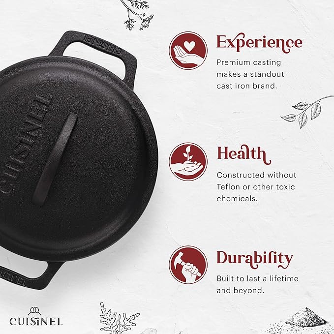 Cuisinel Cast Iron Dutch Oven - 3-Quart Deep Pot + Lid + Pan Scraper + Handle Covers - Large Pre-Seasoned Cooker for Baking Bread, Soup, Frying - Indoor/Outdoor Kitchen, Camping, Fire, BBQ Cookware