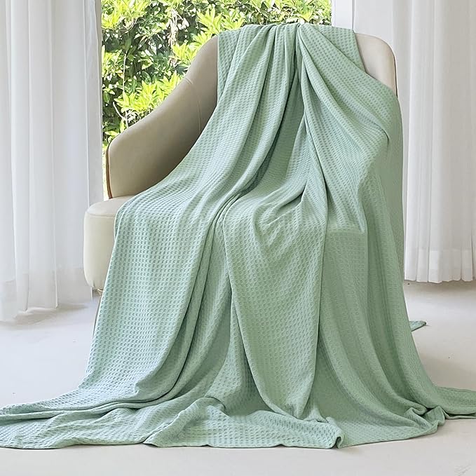 AmyHomie Cooling Blanket King Size, 100% Rayon Derived from Bamboo, Cool Summer Blanket for Hot Sleepers Soft Comfy Waffle Lightweight Blankets for All Seasons(108×90in,Sage Green)