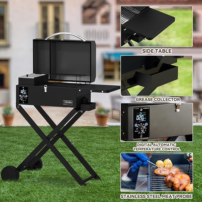 Onlyfire BBQ Wood Pellet Grill Smoker with Foldable Cart, Meat Probe, 2 Tiers Cooking Area, Portable Tabletop Grilling Stove for Outdoor Kitchen Cooking Smoke and Roast, RV Camping, Black GS343