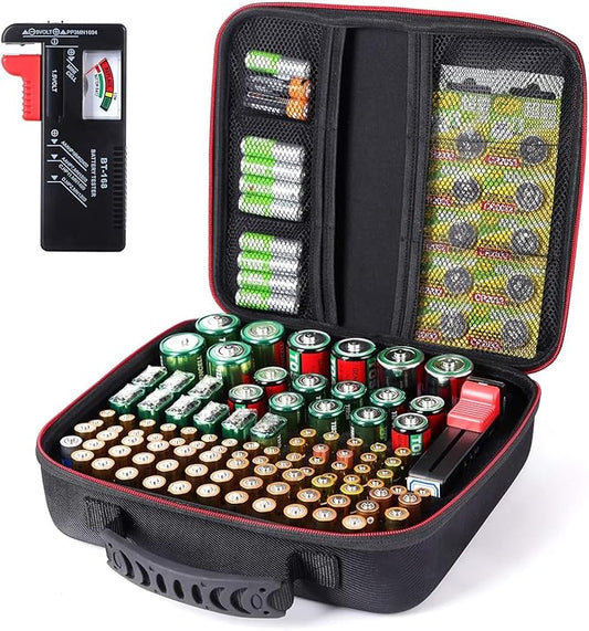 Battery Organizer Storage Case Box with Tester BT168 -for All Types Batteries Container, Fireproof & Waterproof Battery Keeper Caddy for Home Drawer, Small Cases Holder for AA AAA C D 9V (Holds 104＋)