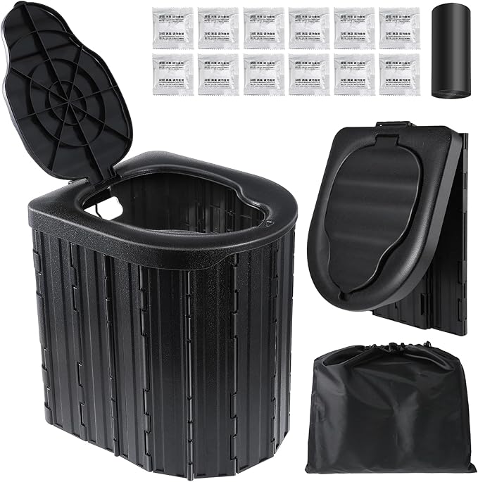 Camping Toilet, Portable Toilet for Adults, Camp Toilet with Handbag, Travel Potty for Camping, Hiking, RoadTrip, Car, Tent, Truck Drivers (black-15.7''H)