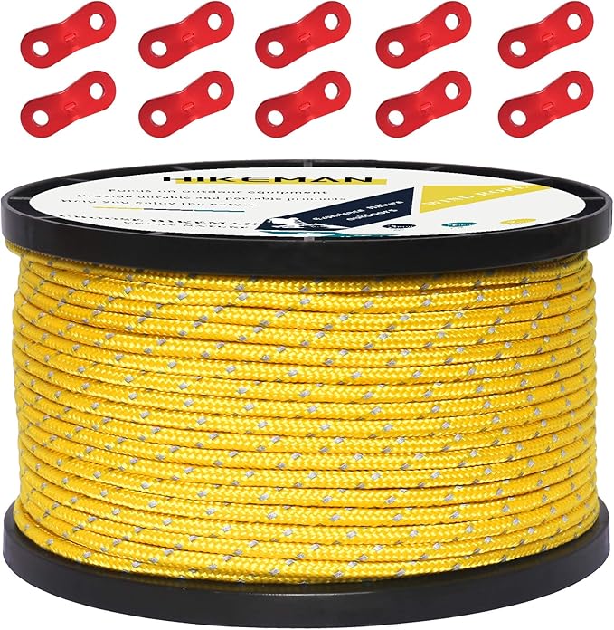 HIKEMAN 50m Reflective Guyline Solid Braid Nylon Camping Rope with Aluminum Adjuster Cord Tensioner Tent Accessory for Outdoor Travel,Hiking,Backpacking and Water Activities (Yellow, 3mm)