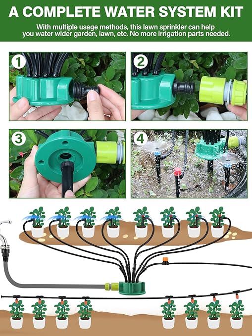 150FT Automatic Drip Irrigation Kit with Lawn Sprinkler, Kalolary 1/4" 1/2" Garden Watering System with 4/7mm 16mm Tube Locked Drip Irrigation Emitter Fittings Adjustable Sprinkler System for Outdoor